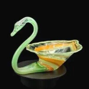 Vintage 1960's Hand-Blown Art Glass Large Swan Green Candy Trinket Dish 12.5"